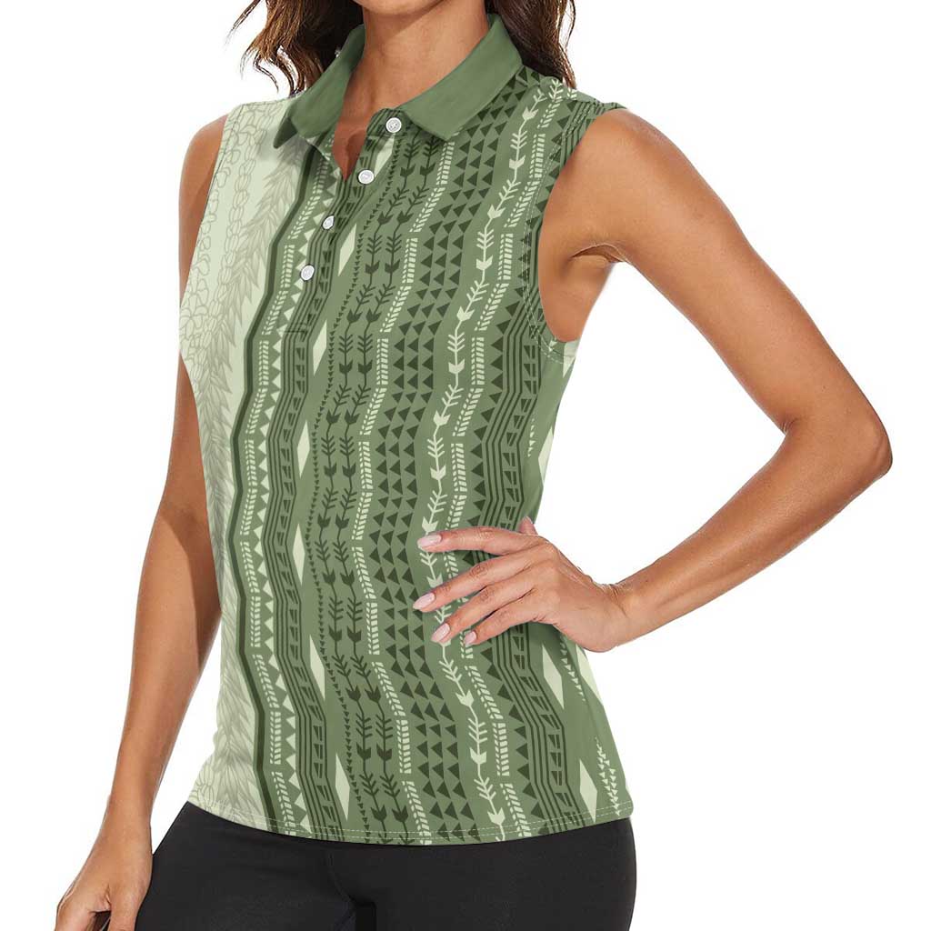 Vintage Sage Green Hawaiian Traditional Kapa Mix Flowers Lei Women Sleeveless Polo Shirt LT7 - Polynesian Pride