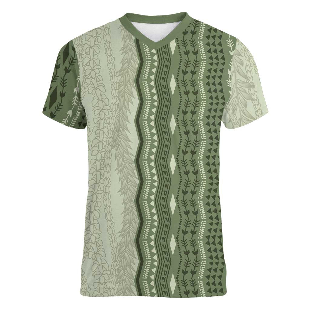 Vintage Sage Green Hawaiian Traditional Kapa Mix Flowers Lei Women V-Neck T-Shirt