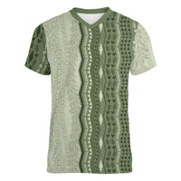 Vintage Sage Green Hawaiian Traditional Kapa Mix Flowers Lei Women V-Neck T-Shirt LT7 Female Sage Green - Polynesian Pride