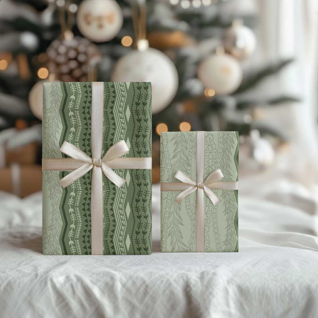 Vintage Sage Green Hawaiian Traditional Kapa Mix Flowers Lei Wrapping Paper
