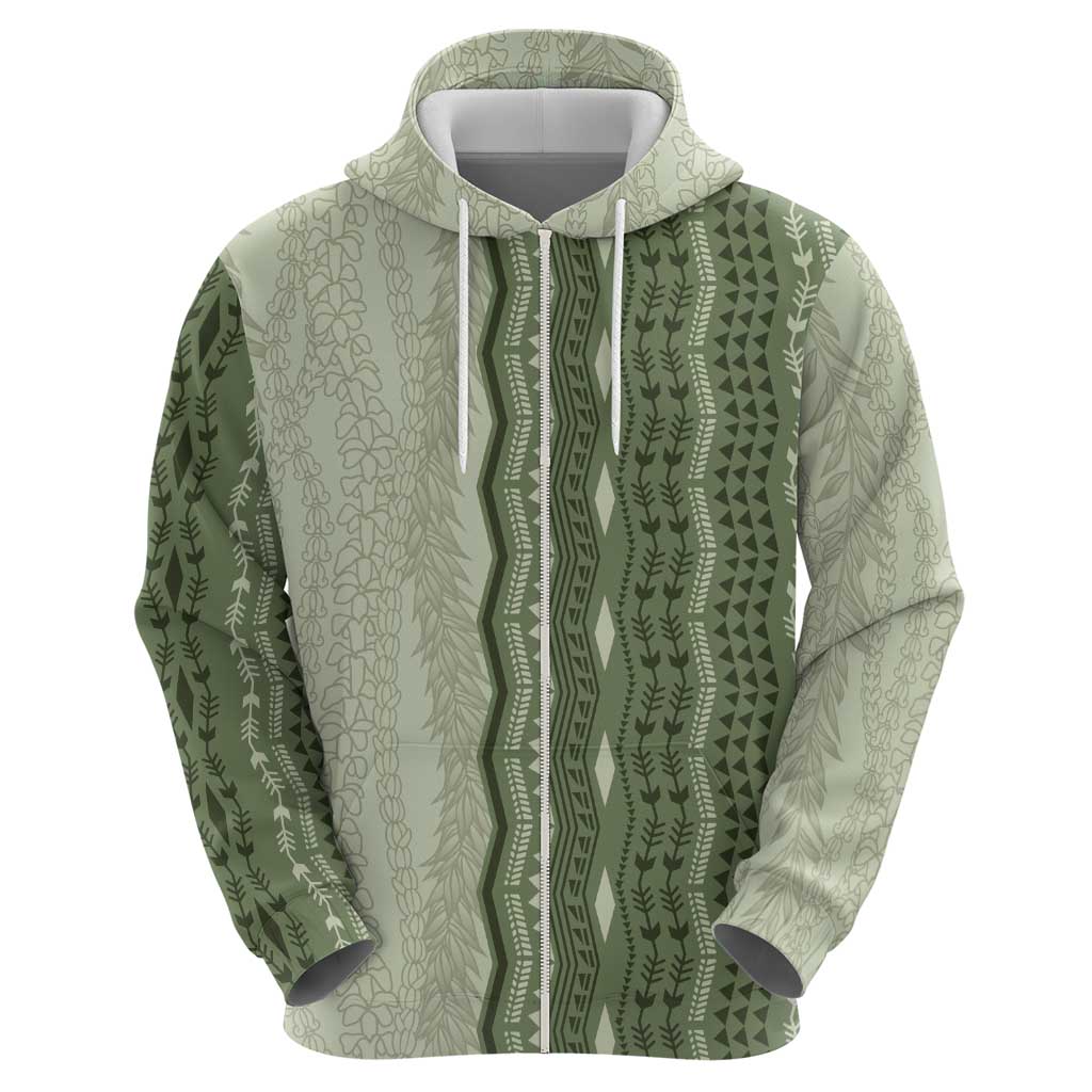 Vintage Sage Green Hawaiian Traditional Kapa Mix Flowers Lei Zip Hoodie