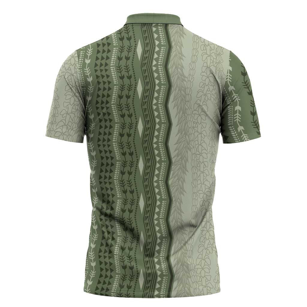 Vintage Sage Green Hawaiian Traditional Kapa Mix Flowers Lei Zipper Polo Shirt