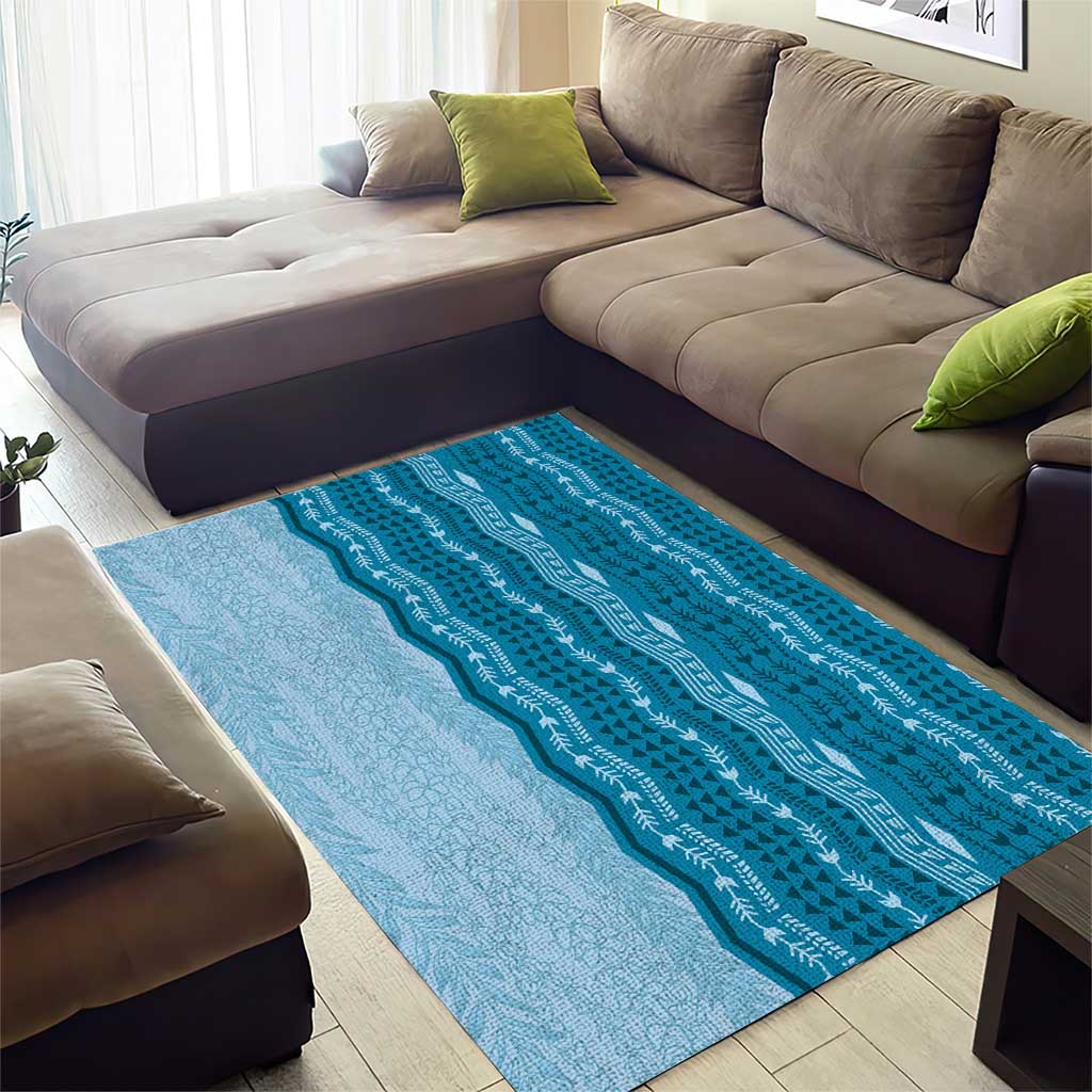 Vintage Cobalt Blue Hawaiian Traditional Kapa Mix Flowers Lei Area Rug