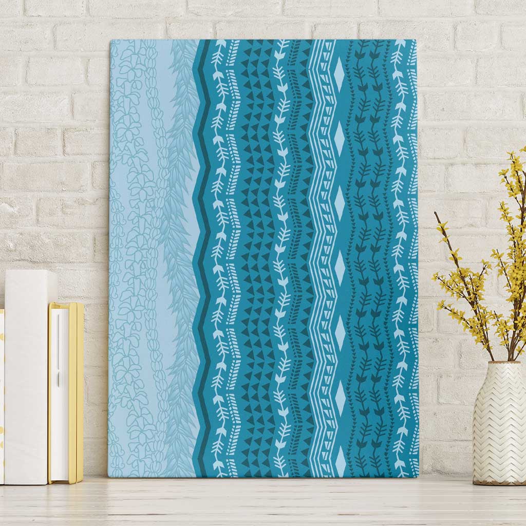 Vintage Cobalt Blue Hawaiian Traditional Kapa Mix Flowers Lei Canvas Wall Art