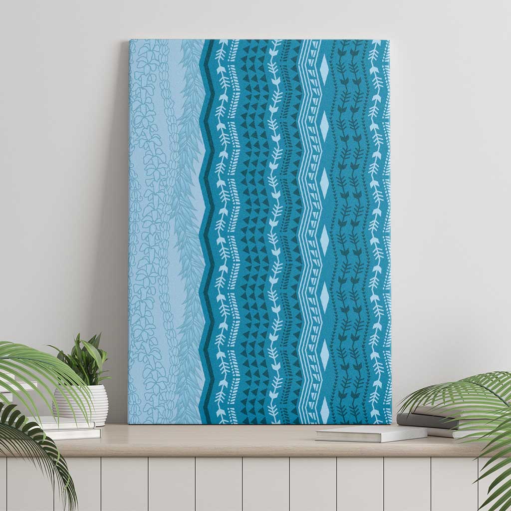 Vintage Cobalt Blue Hawaiian Traditional Kapa Mix Flowers Lei Canvas Wall Art