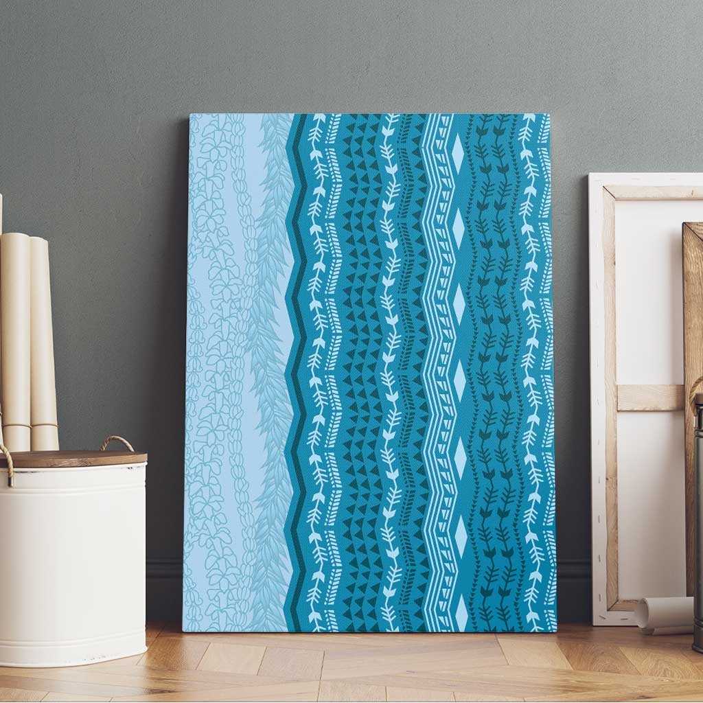 Vintage Cobalt Blue Hawaiian Traditional Kapa Mix Flowers Lei Canvas Wall Art
