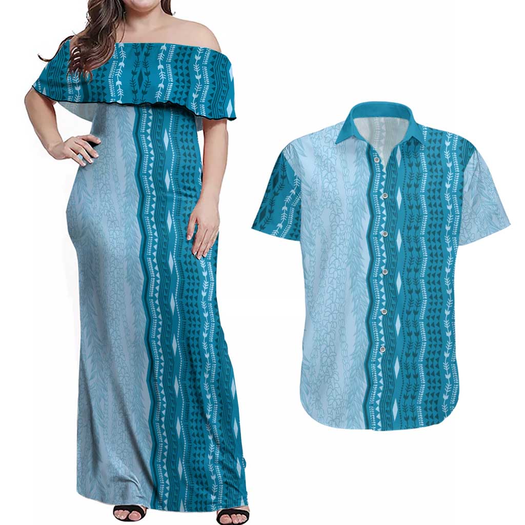 Vintage Cobalt Blue Hawaiian Traditional Kapa Mix Flowers Lei Couples Matching Off Shoulder Maxi Dress and Hawaiian Shirt LT7 Cobalt Blue - Polynesian Pride