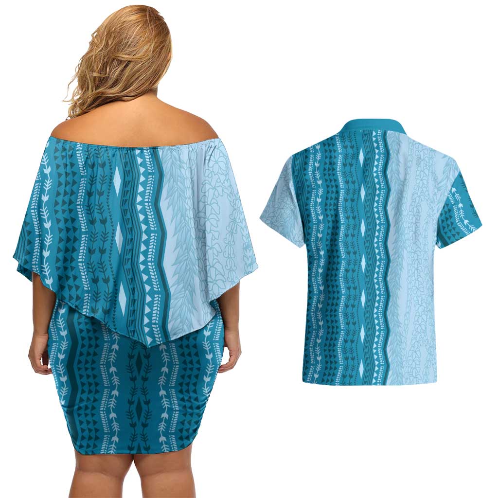 Vintage Cobalt Blue Hawaiian Traditional Kapa Mix Flowers Lei Couples Matching Off Shoulder Short Dress and Hawaiian Shirt LT7 - Polynesian Pride