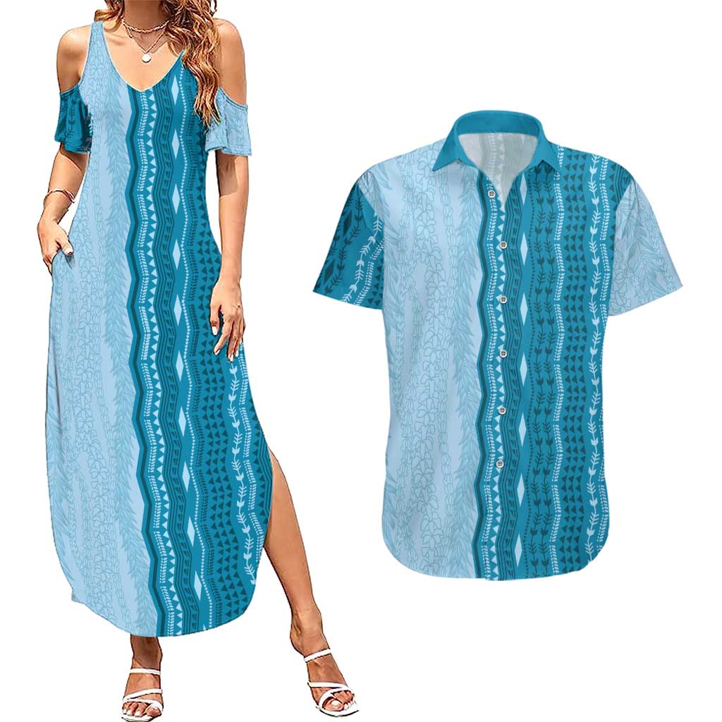 Vintage Cobalt Blue Hawaiian Traditional Kapa Mix Flowers Lei Couples Matching Summer Maxi Dress and Hawaiian Shirt