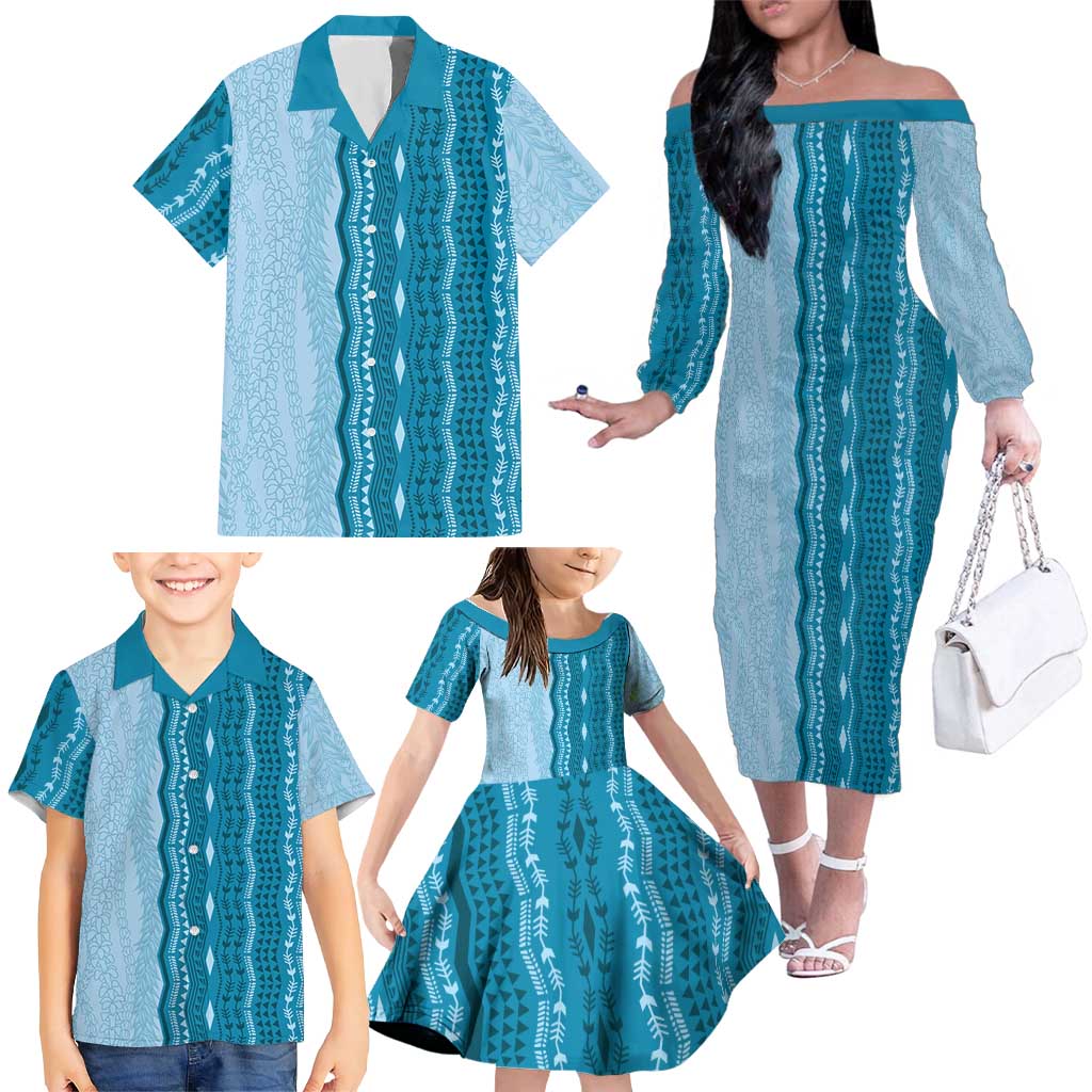 Vintage Cobalt Blue Hawaiian Traditional Kapa Mix Flowers Lei Family Matching Off The Shoulder Long Sleeve Dress and Hawaiian Shirt LT7 - Polynesian Pride