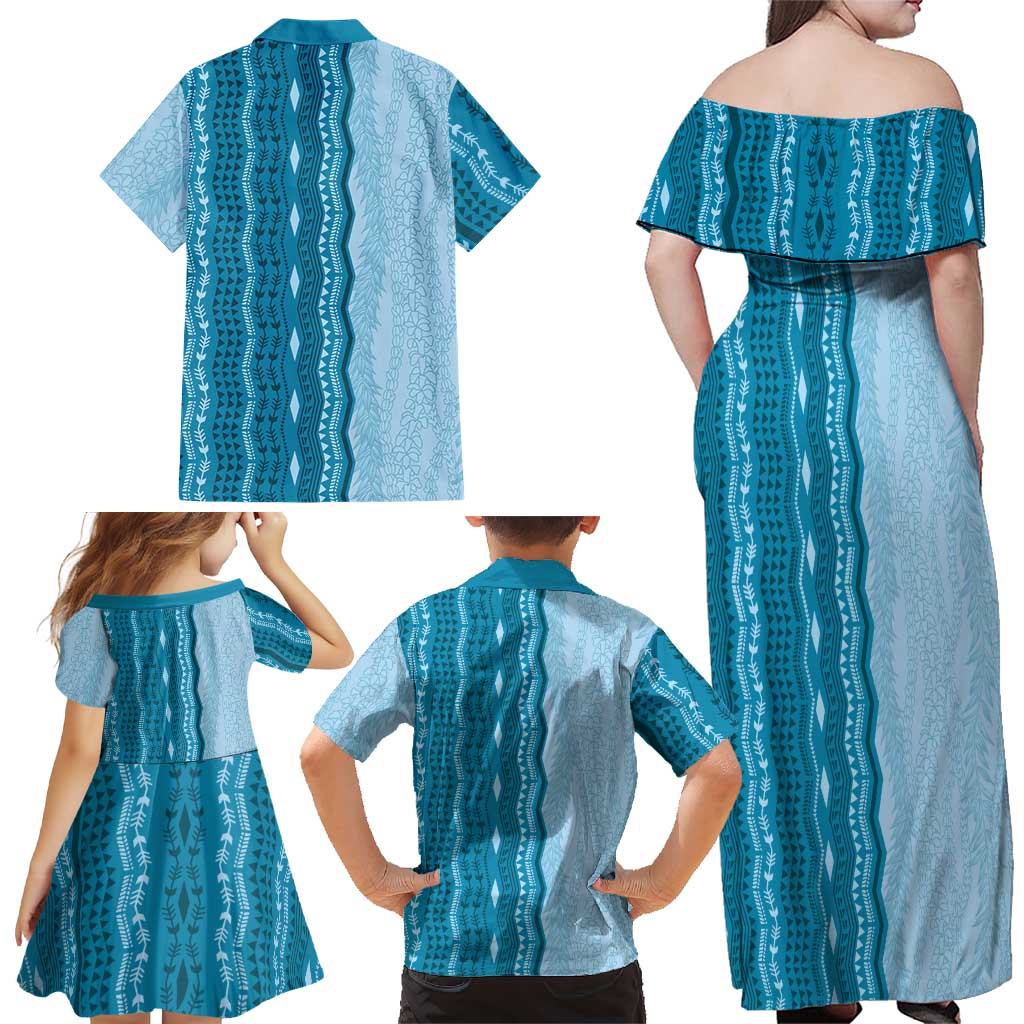 Vintage Cobalt Blue Hawaiian Traditional Kapa Mix Flowers Lei Family Matching Off Shoulder Maxi Dress and Hawaiian Shirt LT7 - Polynesian Pride