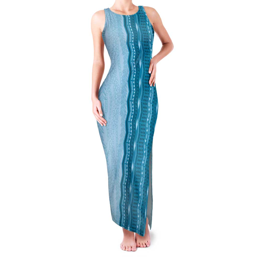 Vintage Cobalt Blue Hawaiian Traditional Kapa Mix Flowers Lei Family Matching Tank Maxi Dress and Hawaiian Shirt LT7 Mom's Dress Cobalt Blue - Polynesian Pride