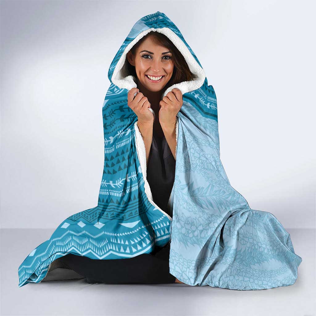 Vintage Cobalt Blue Hawaiian Traditional Kapa Mix Flowers Lei Hooded Blanket