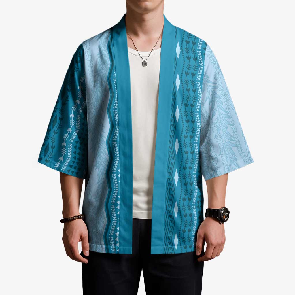 Vintage Cobalt Blue Hawaiian Traditional Kapa Mix Flowers Lei Kimono