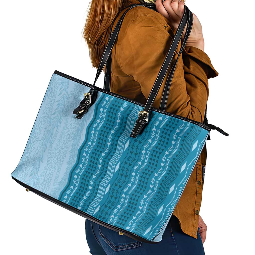 Vintage Cobalt Blue Hawaiian Traditional Kapa Mix Flowers Lei Leather Tote Bag