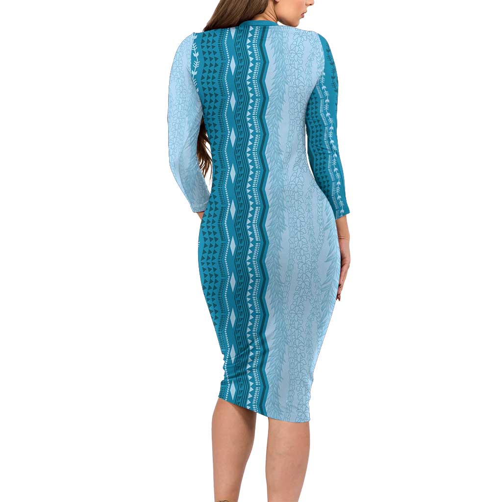 Vintage Cobalt Blue Hawaiian Traditional Kapa Mix Flowers Lei Long Sleeve Bodycon Dress