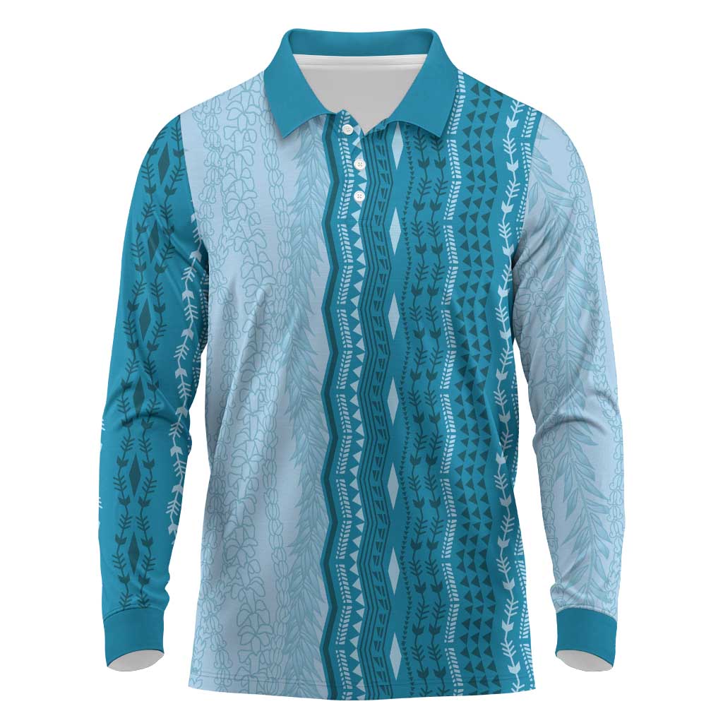 Vintage Cobalt Blue Hawaiian Traditional Kapa Mix Flowers Lei Long Sleeve Polo Shirt