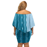 Vintage Cobalt Blue Hawaiian Traditional Kapa Mix Flowers Lei Off Shoulder Short Dress