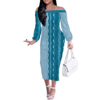 Vintage Cobalt Blue Hawaiian Traditional Kapa Mix Flowers Lei Off The Shoulder Long Sleeve Dress