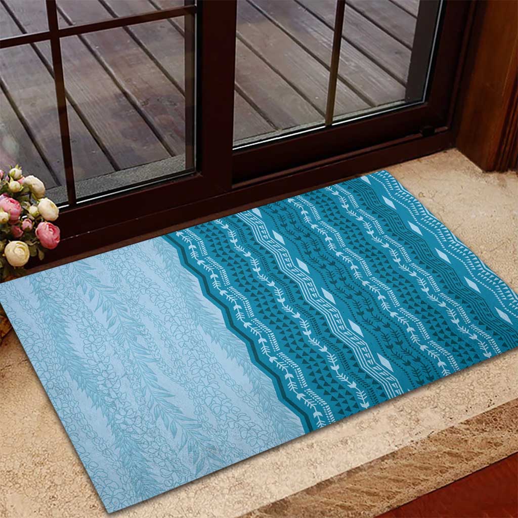 Vintage Cobalt Blue Hawaiian Traditional Kapa Mix Flowers Lei Rubber Doormat