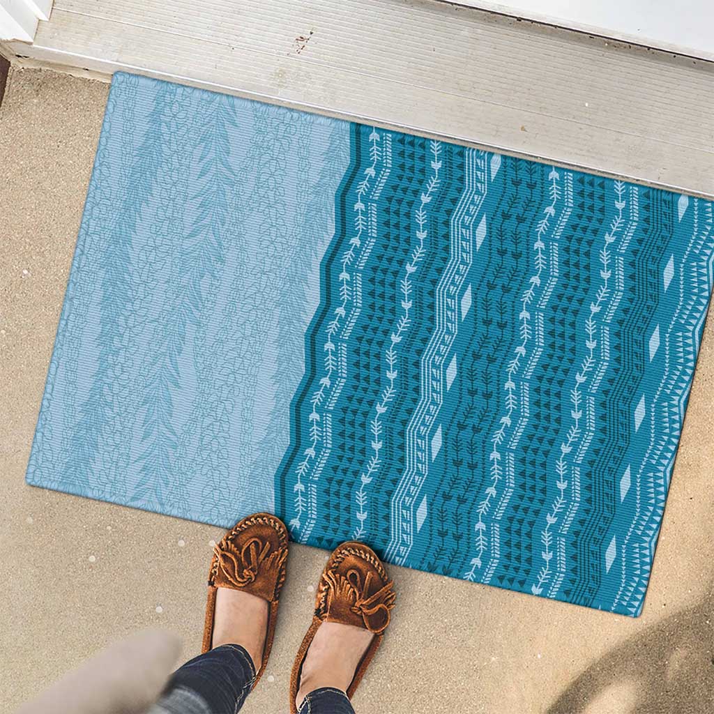 Vintage Cobalt Blue Hawaiian Traditional Kapa Mix Flowers Lei Rubber Doormat