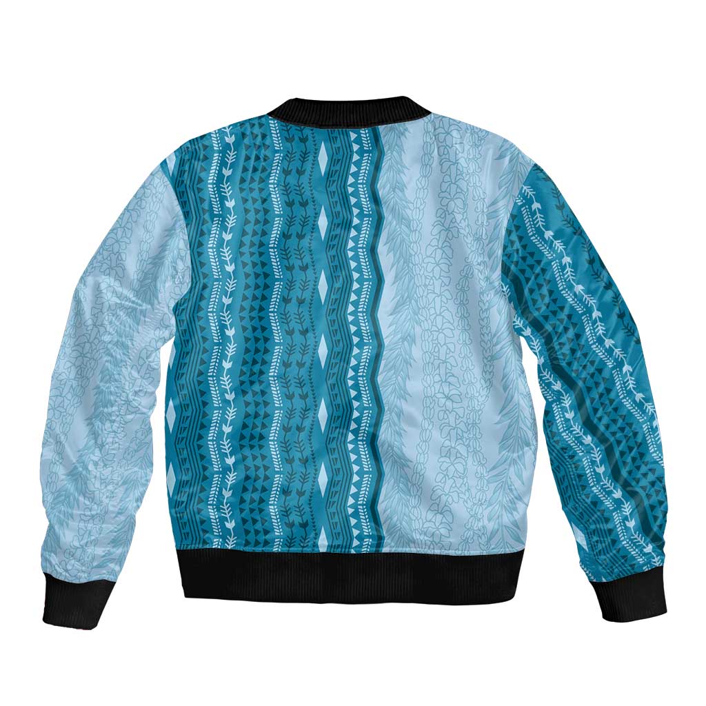 Vintage Cobalt Blue Hawaiian Traditional Kapa Mix Flowers Lei Sleeve Zip Bomber Jacket