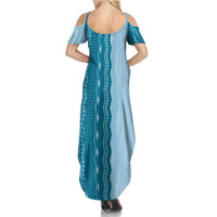 Vintage Cobalt Blue Hawaiian Traditional Kapa Mix Flowers Lei Summer Maxi Dress