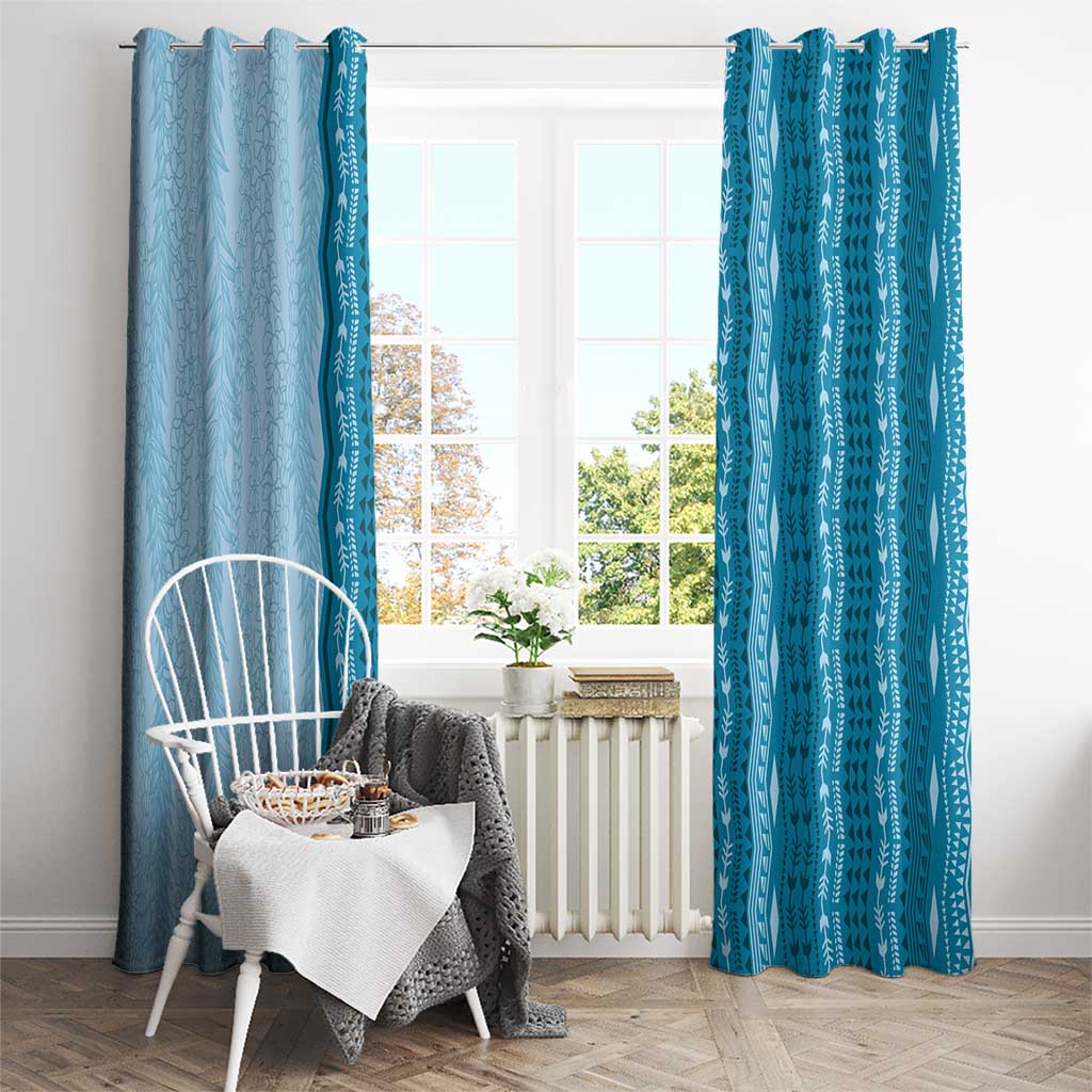 Vintage Cobalt Blue Hawaiian Traditional Kapa Mix Flowers Lei Window Curtain