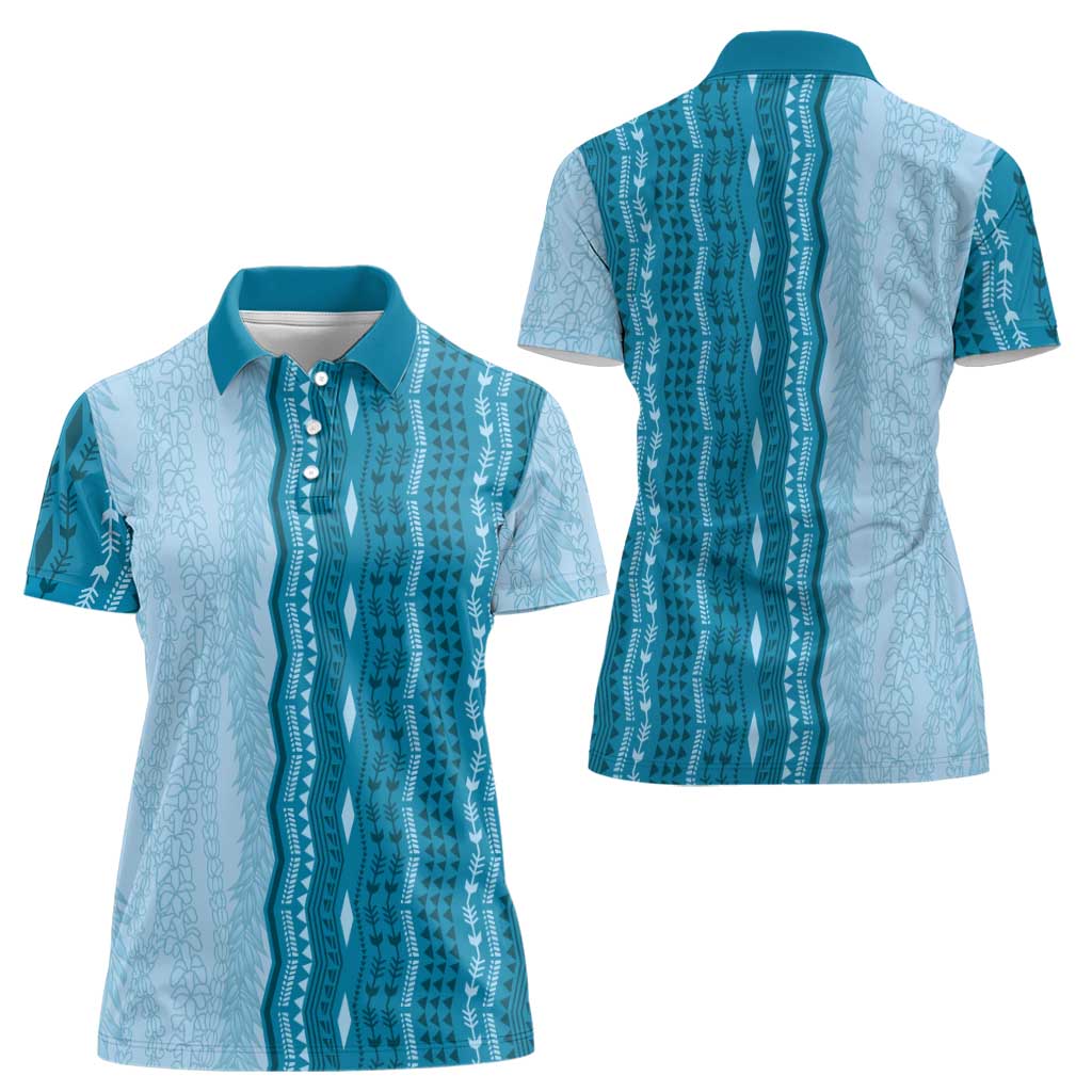 Vintage Cobalt Blue Hawaiian Traditional Kapa Mix Flowers Lei Women Polo Shirt