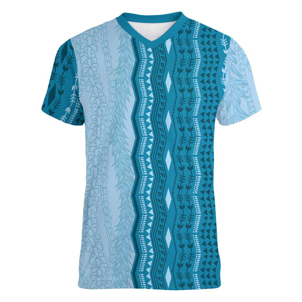 Vintage Cobalt Blue Hawaiian Traditional Kapa Mix Flowers Lei Women V-Neck T-Shirt
