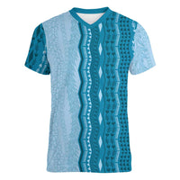 Vintage Cobalt Blue Hawaiian Traditional Kapa Mix Flowers Lei Women V-Neck T-Shirt LT7 Female Cobalt Blue - Polynesian Pride