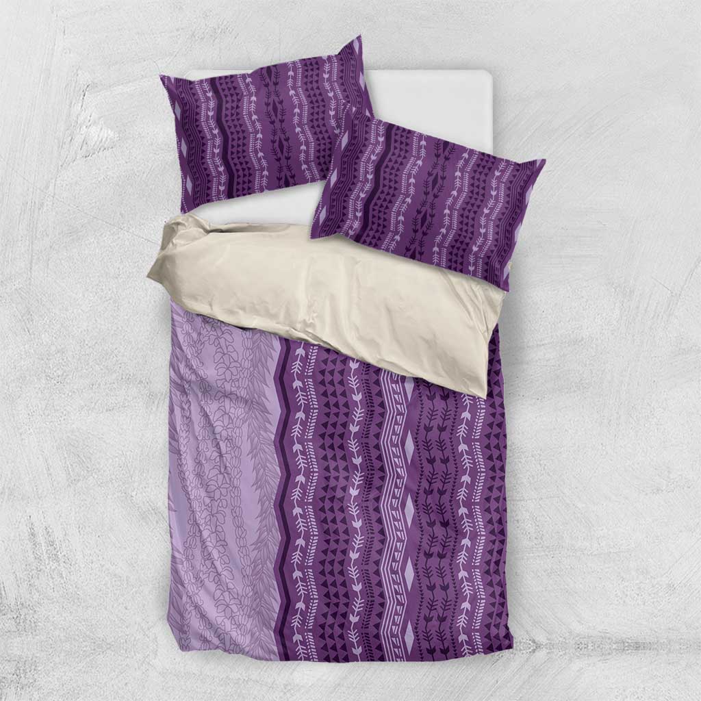 Vintage Violet Hawaiian Traditional Kapa Mix Flowers Lei Bedding Set