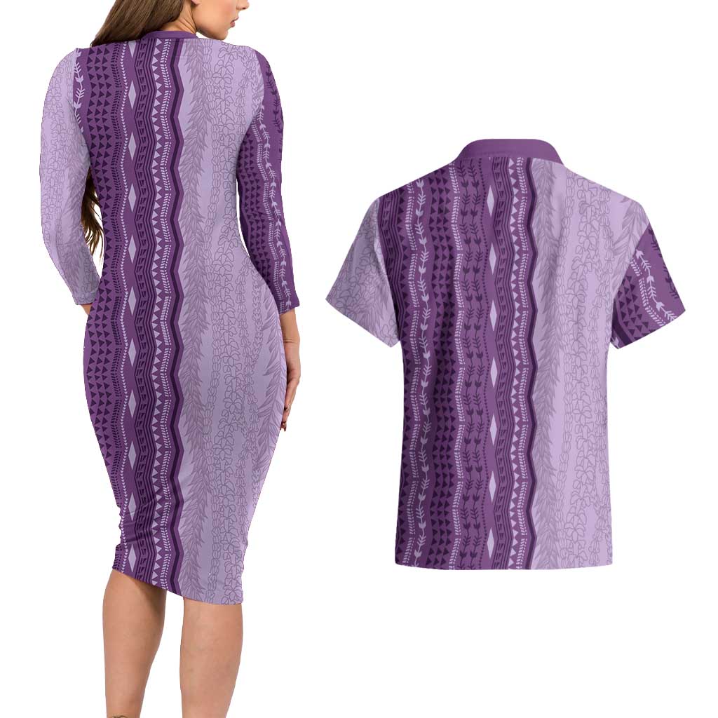 Vintage Violet Hawaiian Traditional Kapa Mix Flowers Lei Couples Matching Long Sleeve Bodycon Dress and Hawaiian Shirt LT7 - Polynesian Pride