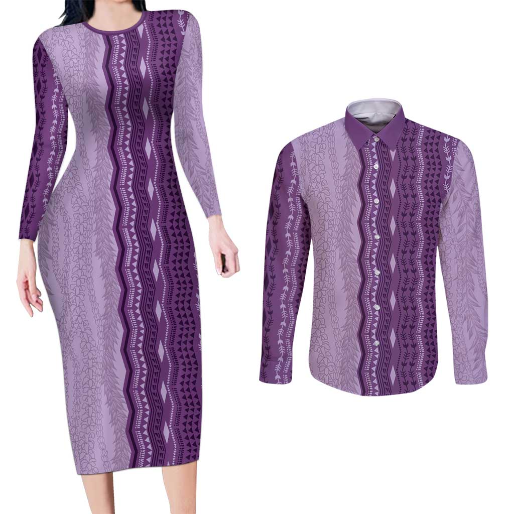 Vintage Violet Hawaiian Traditional Kapa Mix Flowers Lei Couples Matching Long Sleeve Bodycon Dress and Long Sleeve Button Shirt