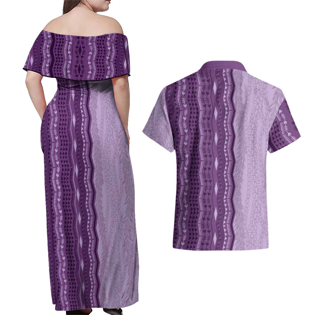 Vintage Violet Hawaiian Traditional Kapa Mix Flowers Lei Couples Matching Off Shoulder Maxi Dress and Hawaiian Shirt LT7 - Polynesian Pride