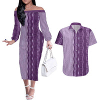 Vintage Violet Hawaiian Traditional Kapa Mix Flowers Lei Couples Matching Off The Shoulder Long Sleeve Dress and Hawaiian Shirt LT7 Violet - Polynesian Pride