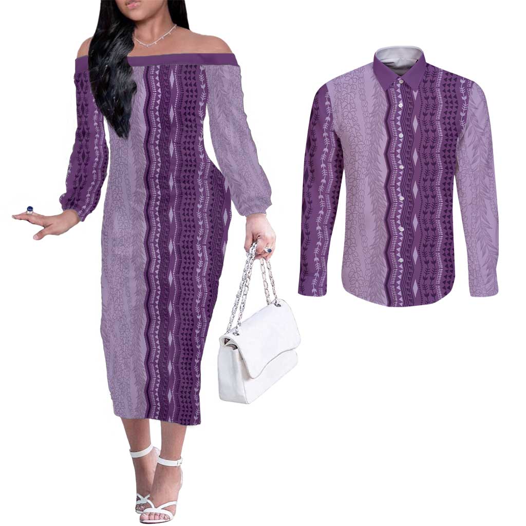 Vintage Violet Hawaiian Traditional Kapa Mix Flowers Lei Couples Matching Off The Shoulder Long Sleeve Dress and Long Sleeve Button Shirt LT7 Violet - Polynesian Pride
