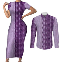 Vintage Violet Hawaiian Traditional Kapa Mix Flowers Lei Couples Matching Short Sleeve Bodycon Dress and Long Sleeve Button Shirt LT7 Violet - Polynesian Pride