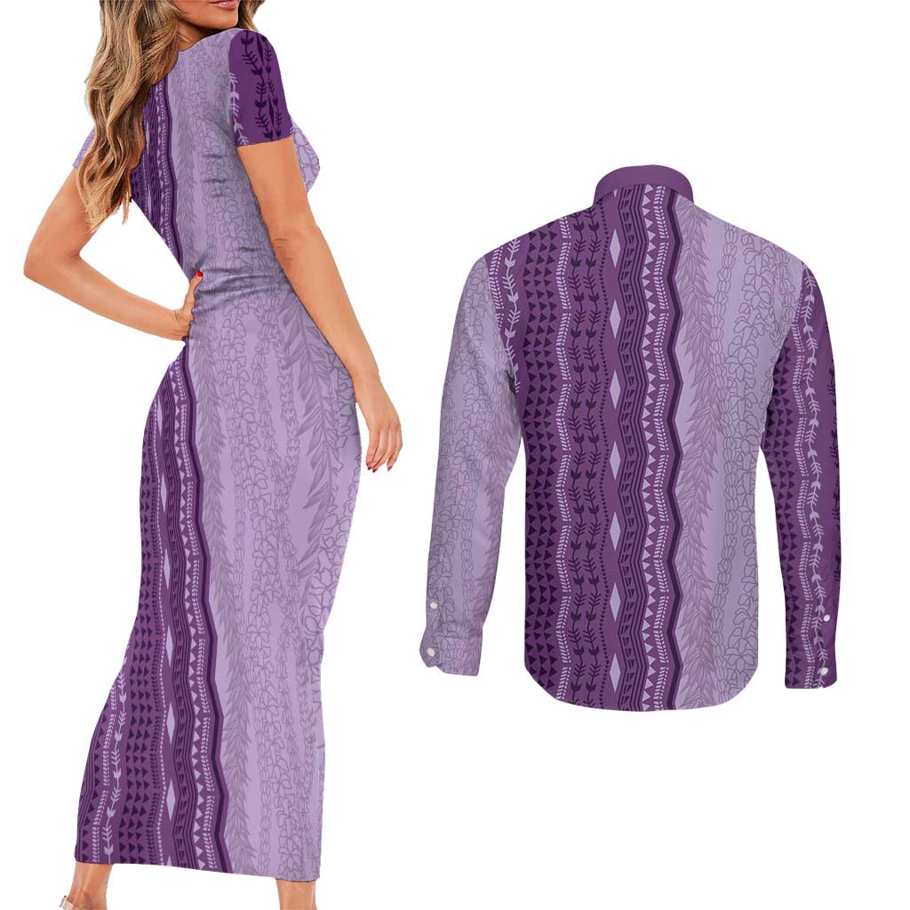 Vintage Violet Hawaiian Traditional Kapa Mix Flowers Lei Couples Matching Short Sleeve Bodycon Dress and Long Sleeve Button Shirt LT7 - Polynesian Pride