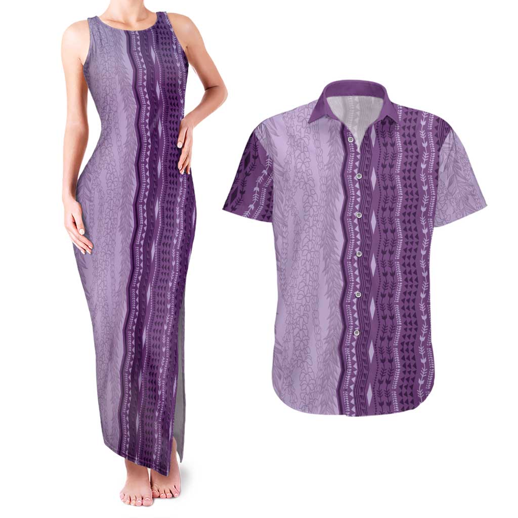 Vintage Violet Hawaiian Traditional Kapa Mix Flowers Lei Couples Matching Tank Maxi Dress and Hawaiian Shirt LT7 Violet - Polynesian Pride