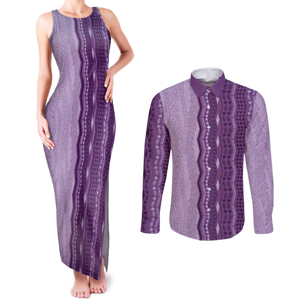 Vintage Violet Hawaiian Traditional Kapa Mix Flowers Lei Couples Matching Tank Maxi Dress and Long Sleeve Button Shirt