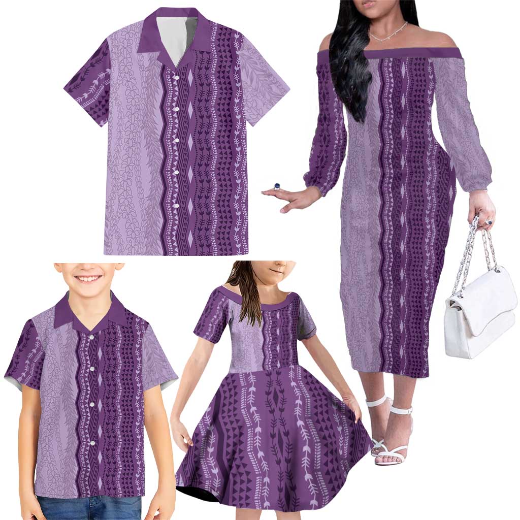 Vintage Violet Hawaiian Traditional Kapa Mix Flowers Lei Family Matching Off The Shoulder Long Sleeve Dress and Hawaiian Shirt