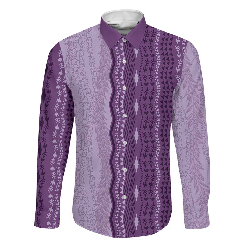 Vintage Violet Hawaiian Traditional Kapa Mix Flowers Lei Family Matching Puletasi and Hawaiian Shirt LT7 Dad's Shirt - Long Sleeve Violet - Polynesian Pride