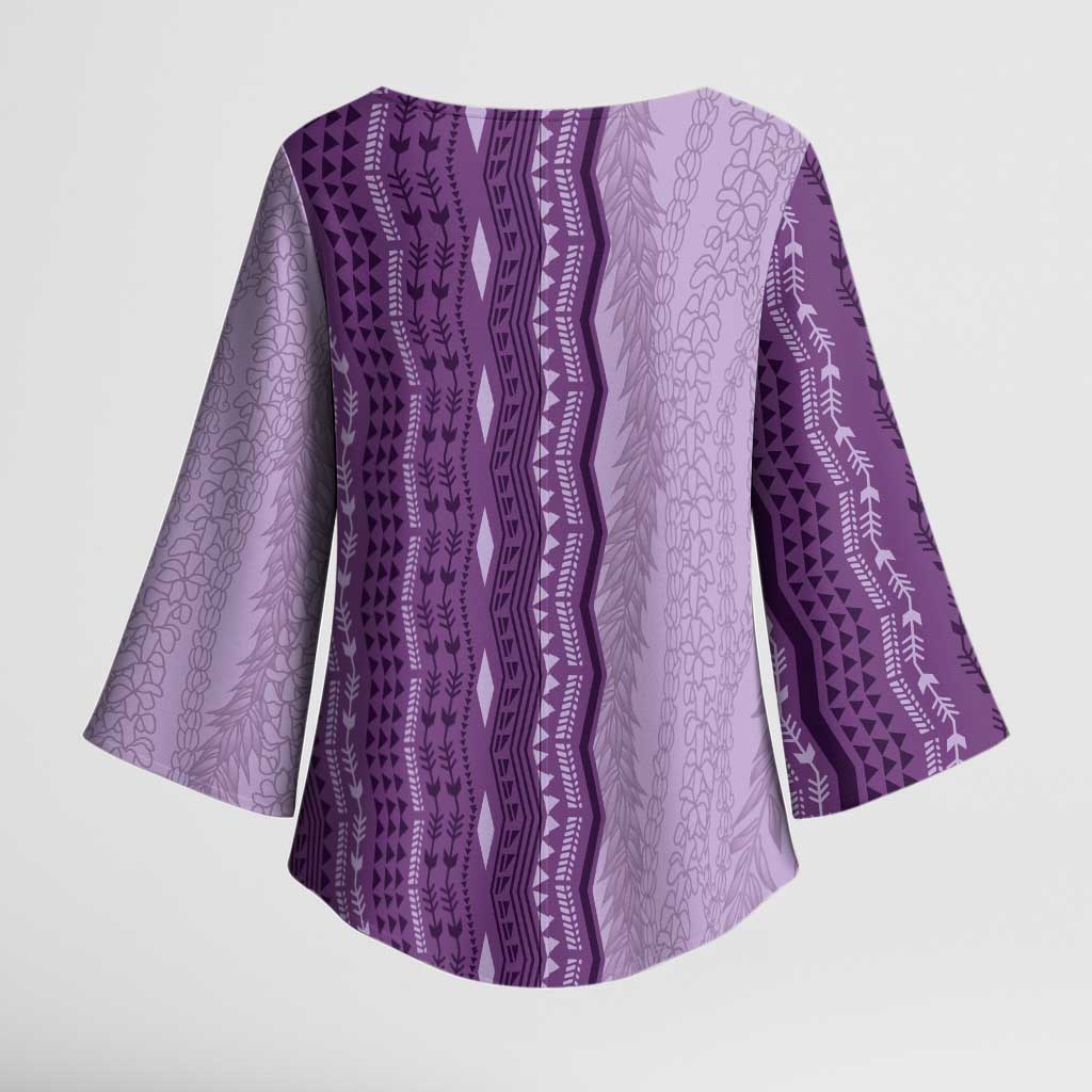 Vintage Violet Hawaiian Traditional Kapa Mix Flowers Lei Kimono Sleeve Blouse