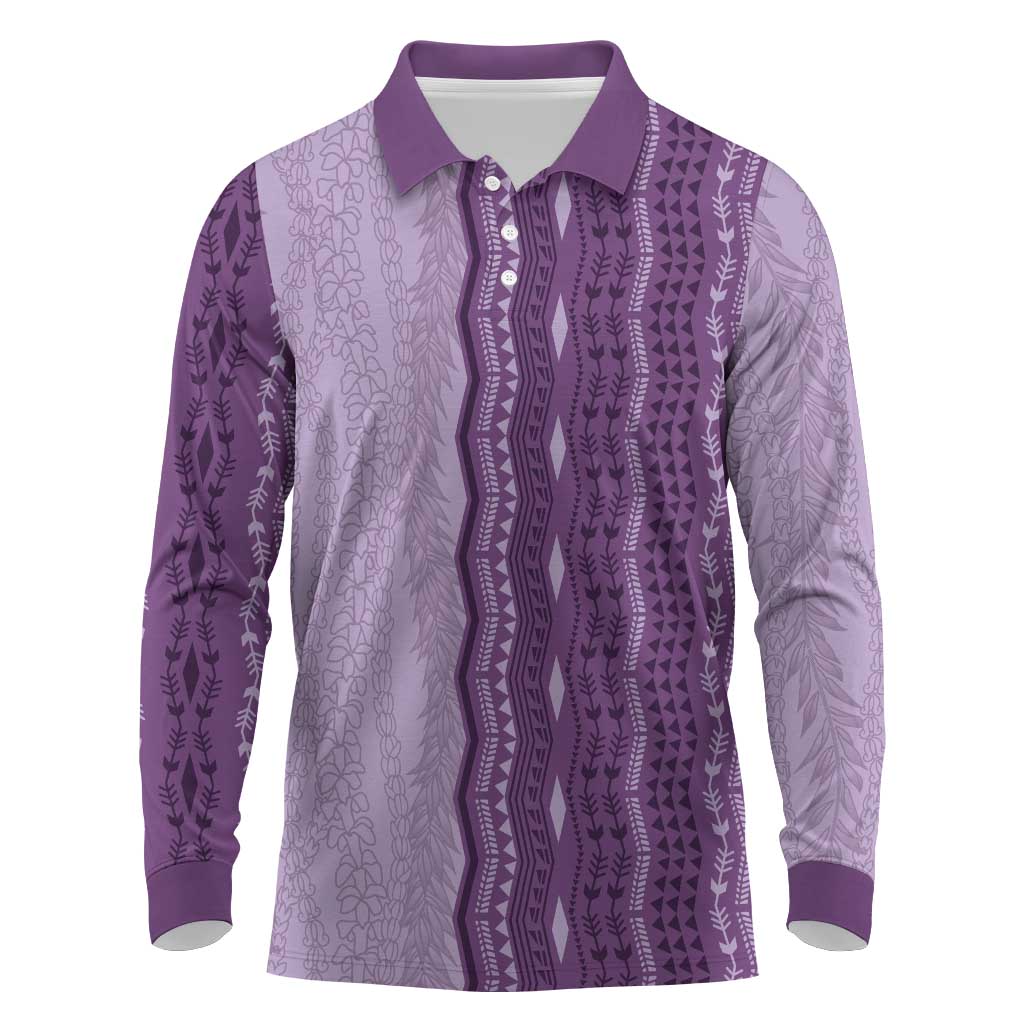 Vintage Violet Hawaiian Traditional Kapa Mix Flowers Lei Long Sleeve Polo Shirt