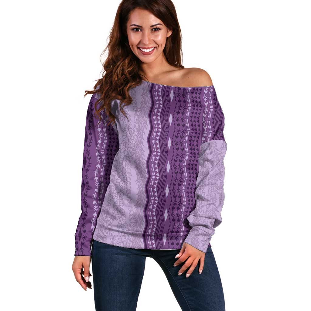 Vintage Violet Hawaiian Traditional Kapa Mix Flowers Lei Off Shoulder Sweater