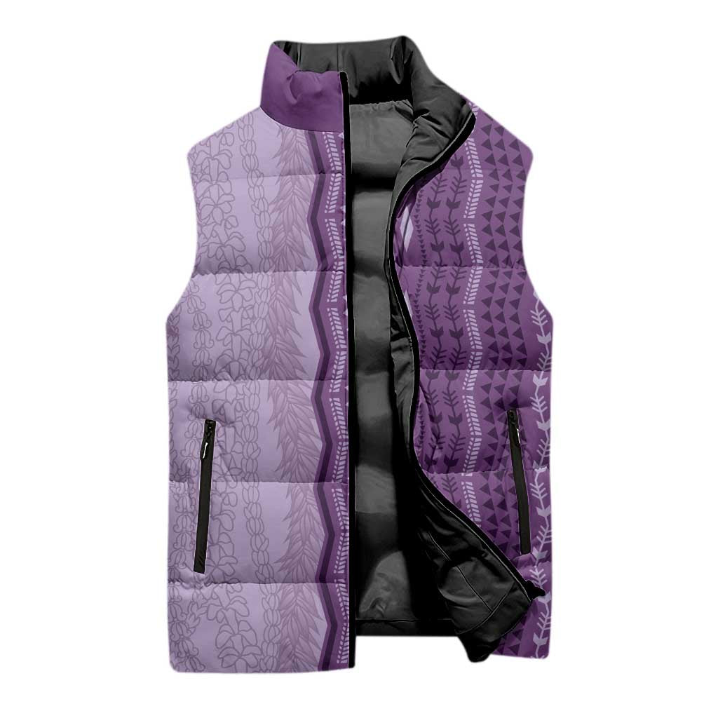 Vintage Violet Hawaiian Traditional Kapa Mix Flowers Lei Sleeveless Puffer Jacket