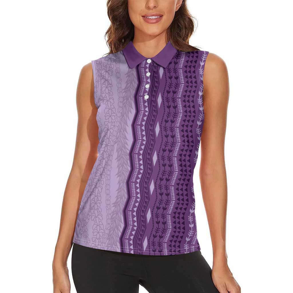 Vintage Violet Hawaiian Traditional Kapa Mix Flowers Lei Women Sleeveless Polo Shirt LT7 - Polynesian Pride