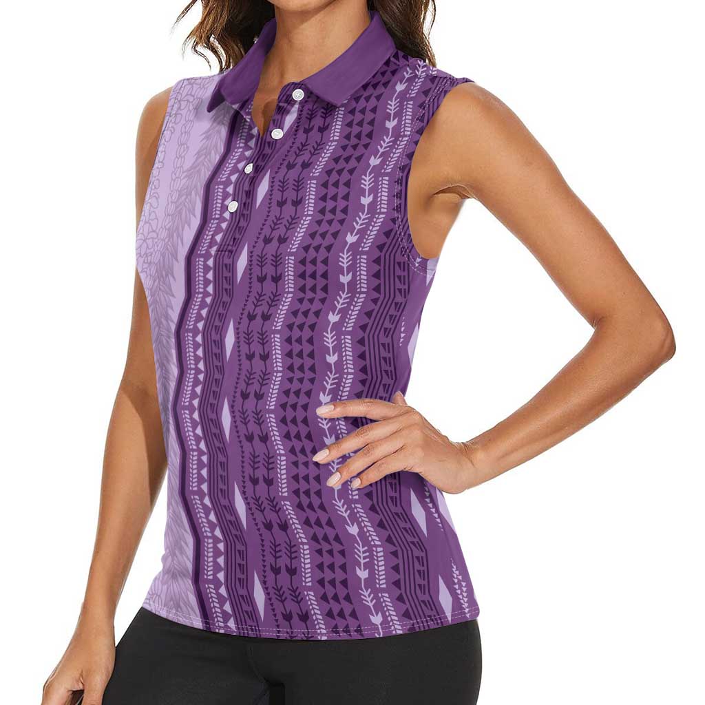 Vintage Violet Hawaiian Traditional Kapa Mix Flowers Lei Women Sleeveless Polo Shirt LT7 - Polynesian Pride