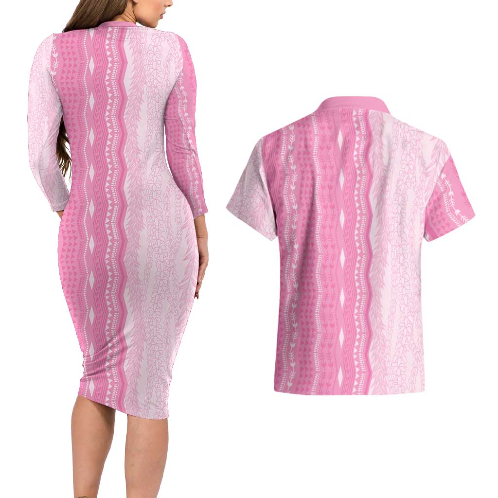 Vintage Pink Hawaiian Traditional Kapa Mix Flowers Lei Couples Matching Long Sleeve Bodycon Dress and Hawaiian Shirt LT7 - Polynesian Pride